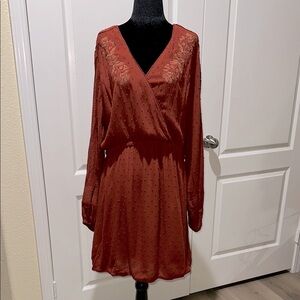 IDYLLWIND rust dress with long sleeves and pink and gold embroidered flowers. L